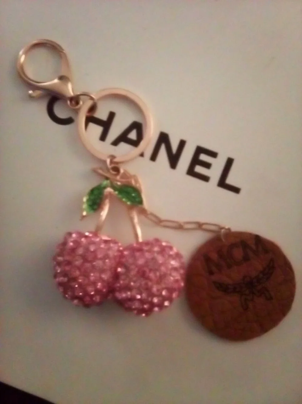 MCM Brown Leather Logo Disk With Pink Crystal Cherry Keychain Designer Bag Charm - Picture 2 of 11